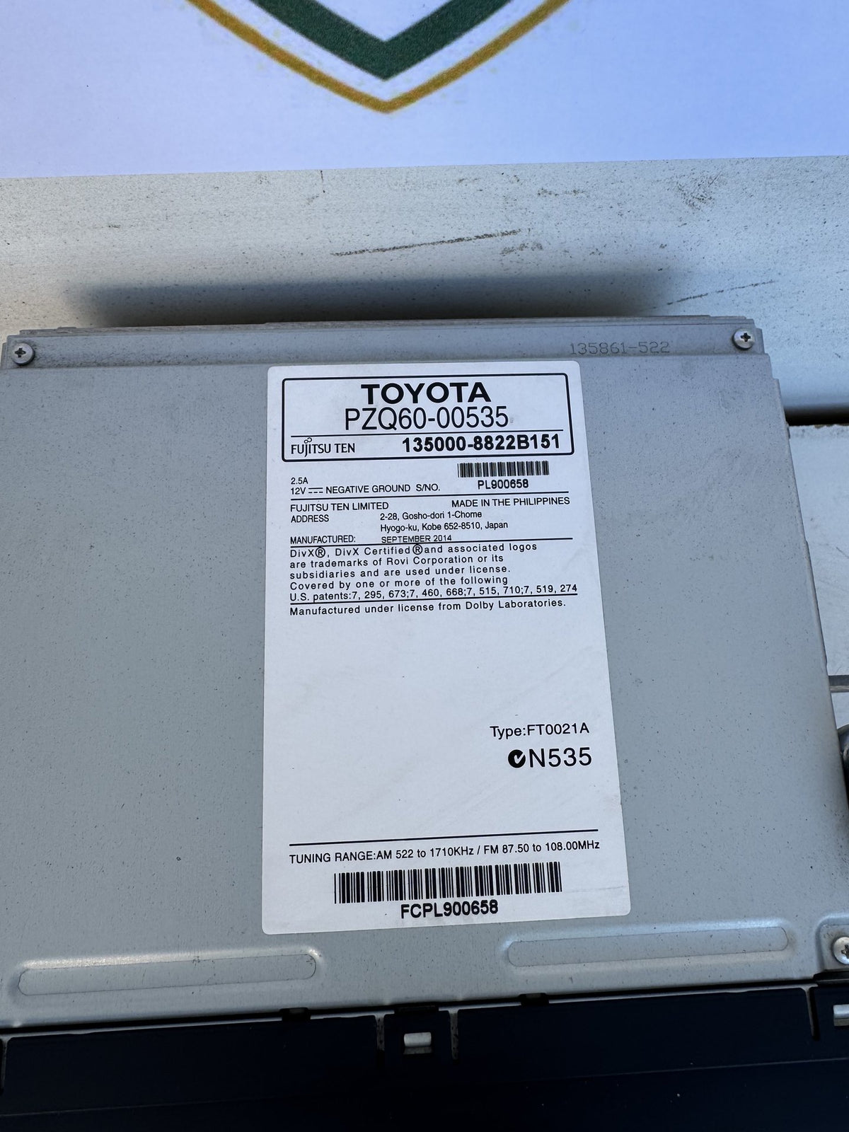 2014 Toyota Corolla Hatchback Stereo Head Unit PZQ60-00535